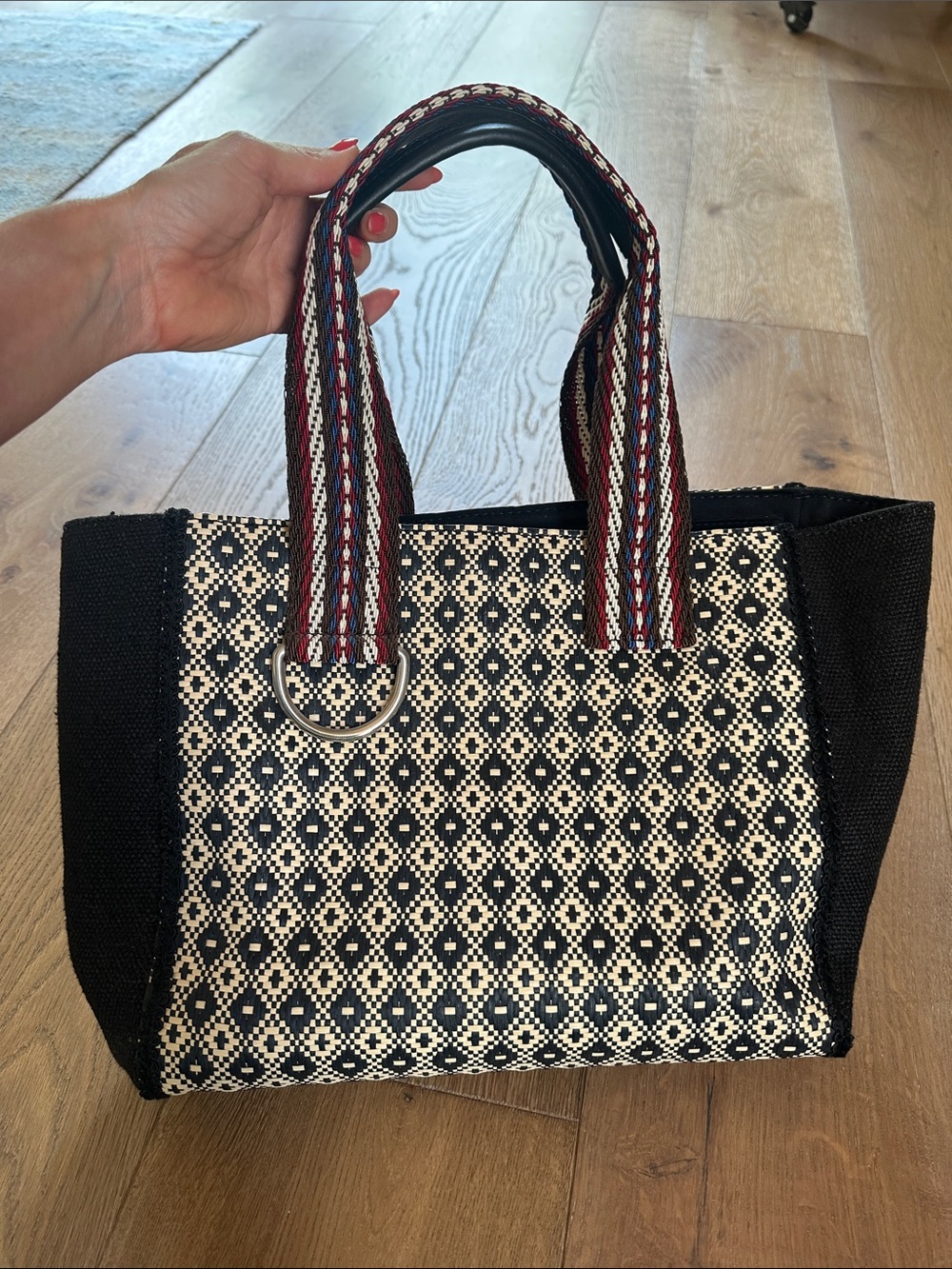 Etro Black, White & Red Woven Tote with Striped Handles